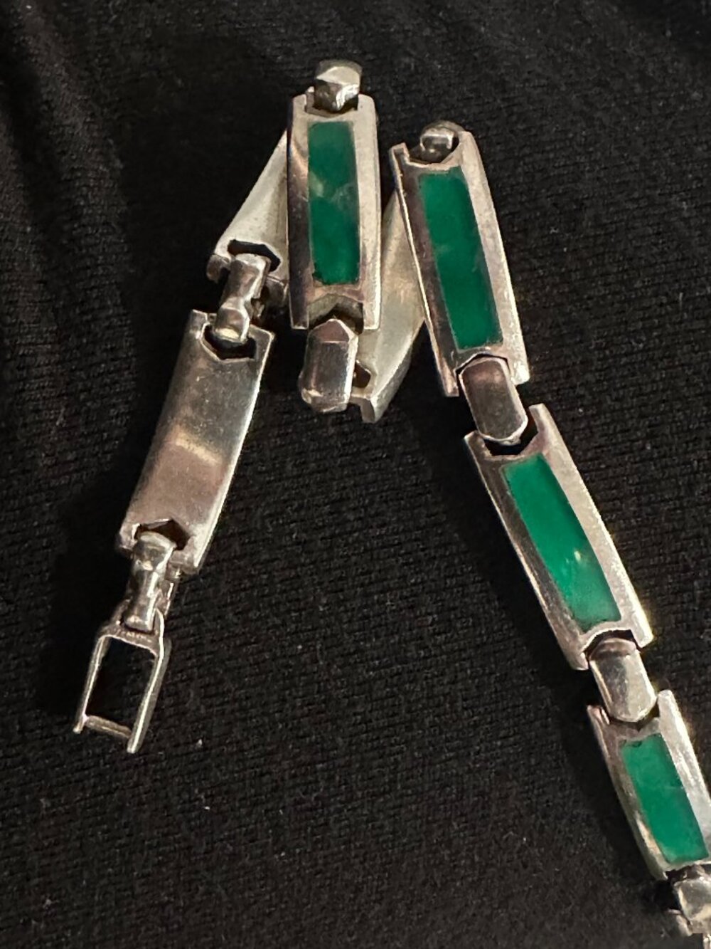 Vintage Sterling Silver 925 Natural Green Chalcedony Inlay 7 Link Heavy Bracelet